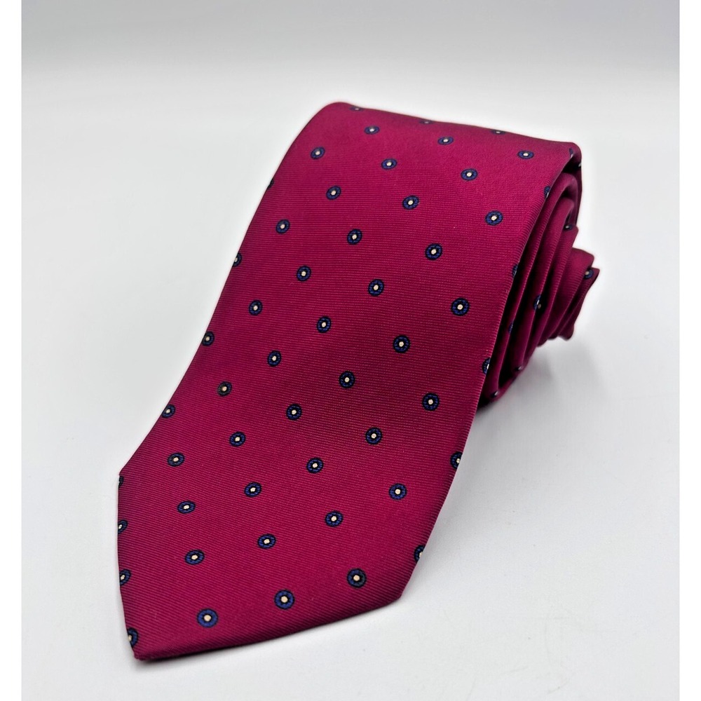 Jonathan Lake Maroon Handmade‎ Silk Tie w/ Blue & Yellow Geometrical Dots